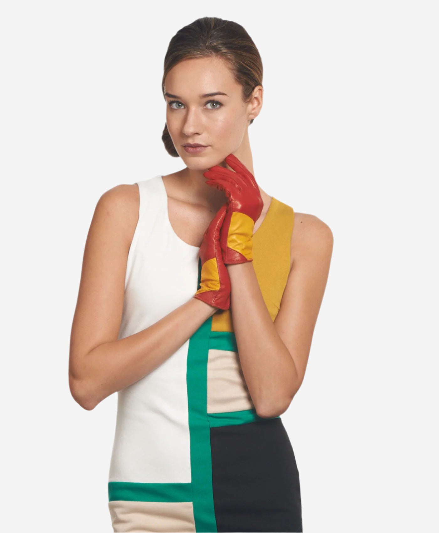 CS4416 (red/yellow) - Women's Italian Color Block Silk Lined Leather Gloves — photo 2 of 9
