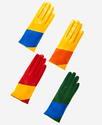 CS4416 (red/yellow) - Women's Italian Color Block Silk Lined Leather Gloves — photo 3 of 9