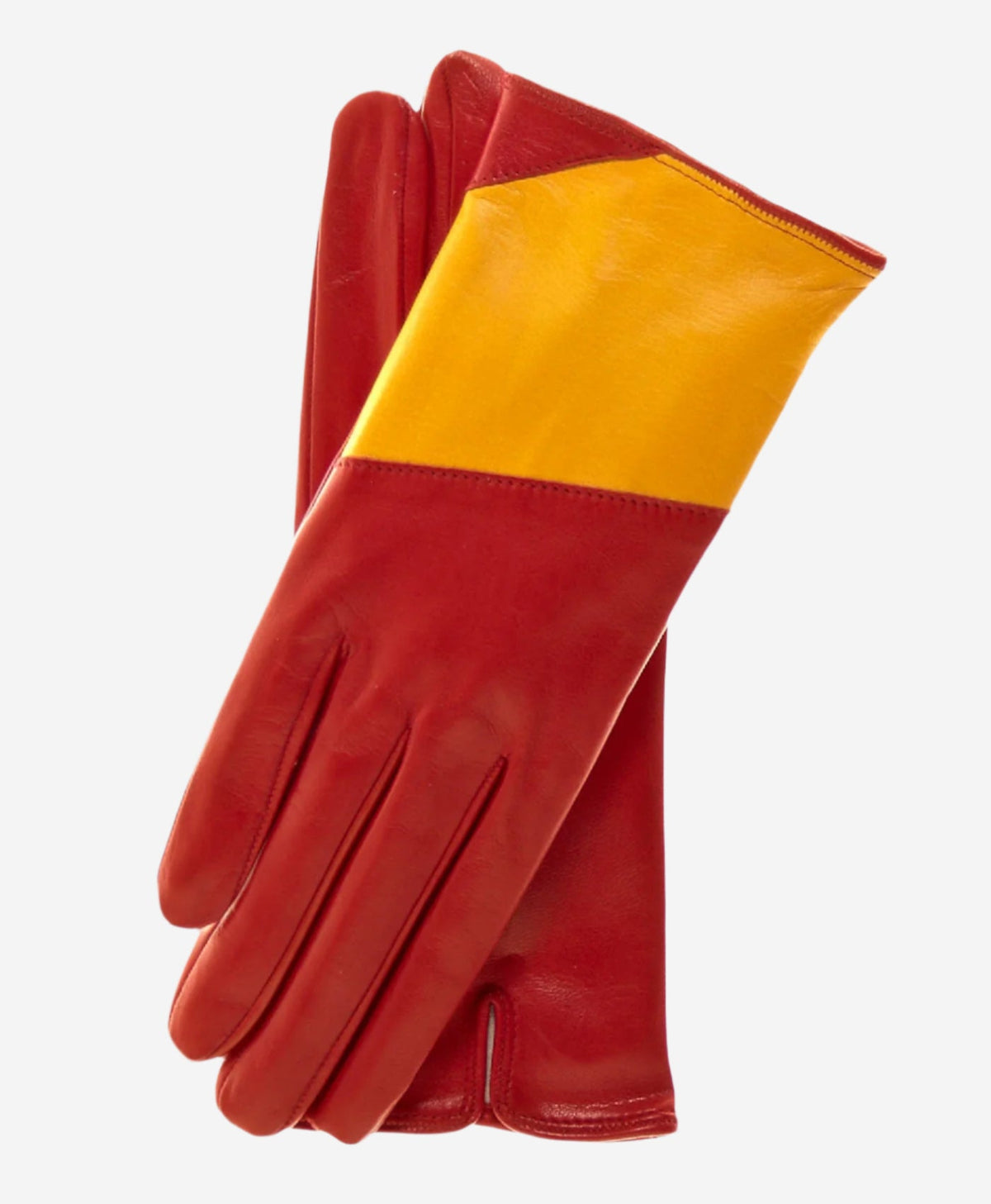CS4416 (red/yellow) - Women's Italian Color Block Silk Lined Leather Gloves — photo 1 of 9