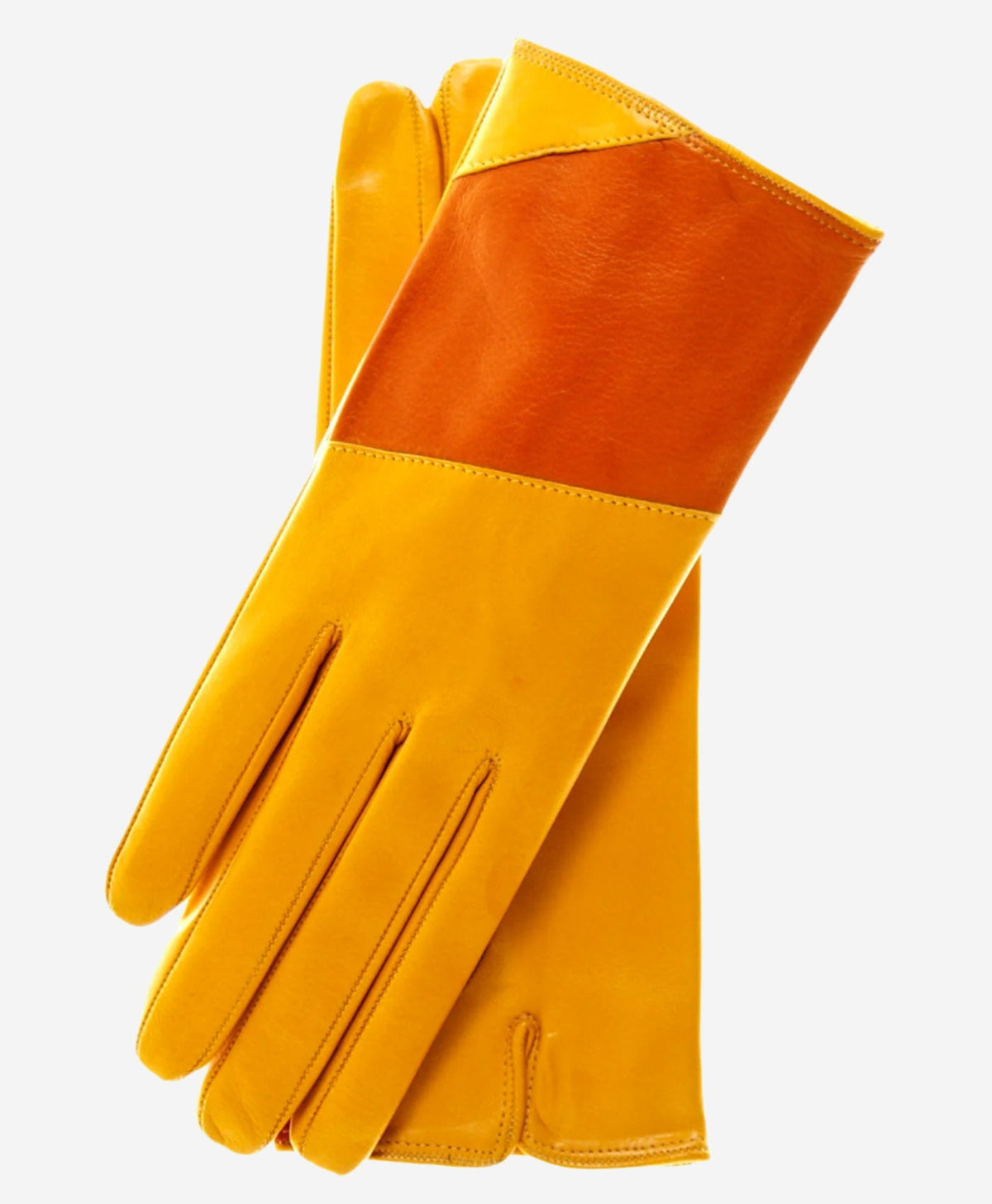 CS4416 (yellow/tang) - Women's Italian Color Block Silk Lined Leather Gloves — photo 1 of 7