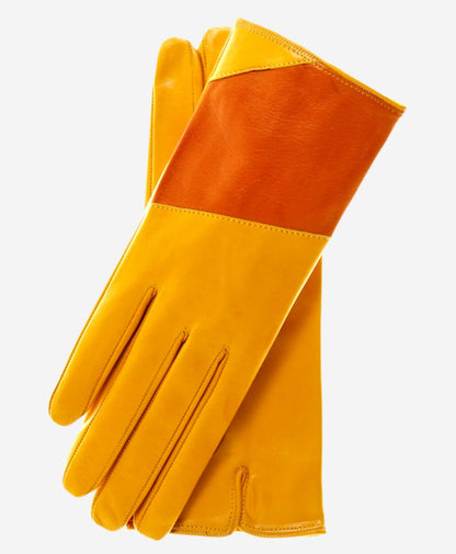 CS4416 (yellow/tang) - Women's Italian Color Block Silk Lined Leather Gloves — photo 1 of 7