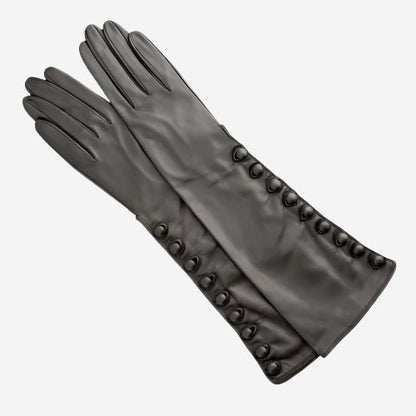 CS4820W8 (black) - Women's Italian silk lined elbow length lambskin leather gloves with buttons — photo 2 of 8