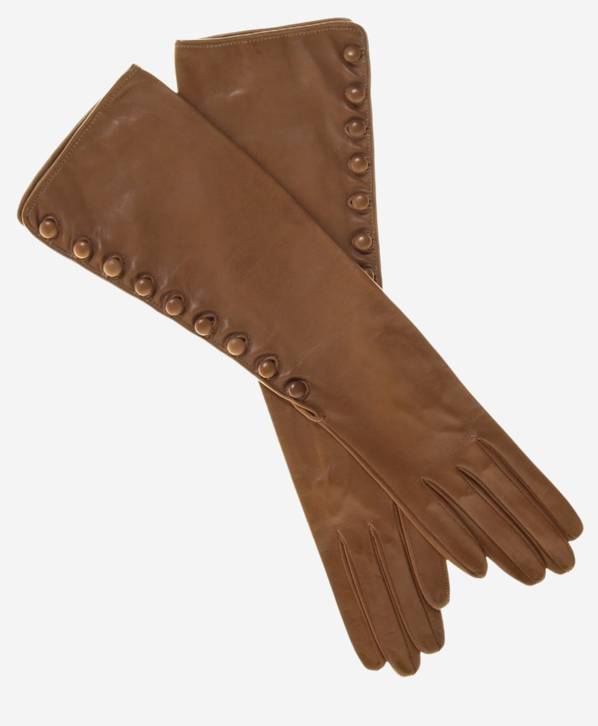 CS4820W8 (camel) - Women’s Italian silk lined elbow length lambskin leather gloves with buttons — photo 1 of 7