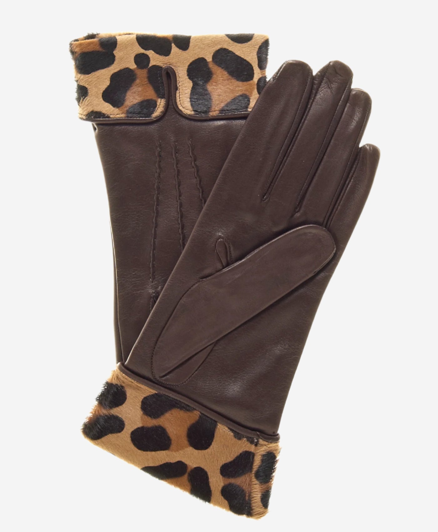CS4837 (brown) - Women's Italian Silk Lined Lambskin Gloves with Leopard Print Pony Cuff — photo 2 of 9