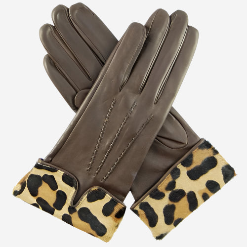 CS4837 (brown) - Women's Italian Silk Lined Lambskin Gloves with Leopard Print Pony Cuff — photo 3 of 9