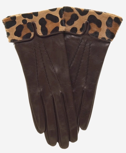 CS4837 (brown) - Women's Italian Silk Lined Lambskin Gloves with Leopard Print Pony Cuff — photo 1 of 9