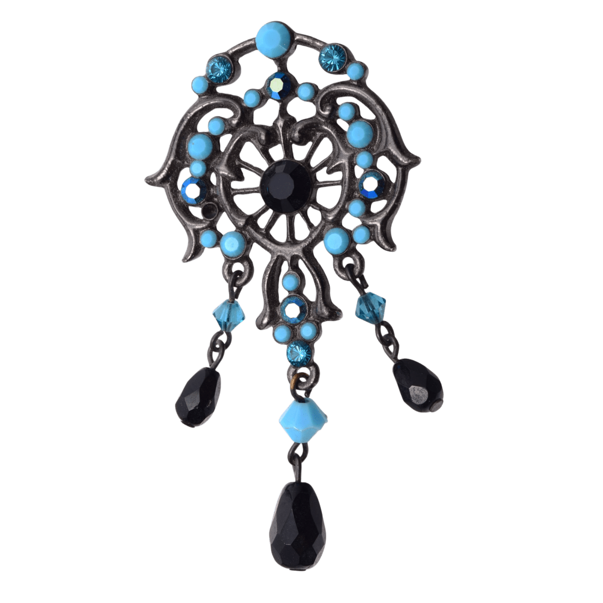 Vintage Turquoise Black Glass Crystal Brooch Pin - Ornate Art Nouveau Style 35x65mm