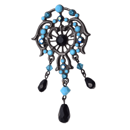 Vintage Turquoise Black Glass Crystal Brooch Pin - Ornate Art Nouveau Style 35x65mm