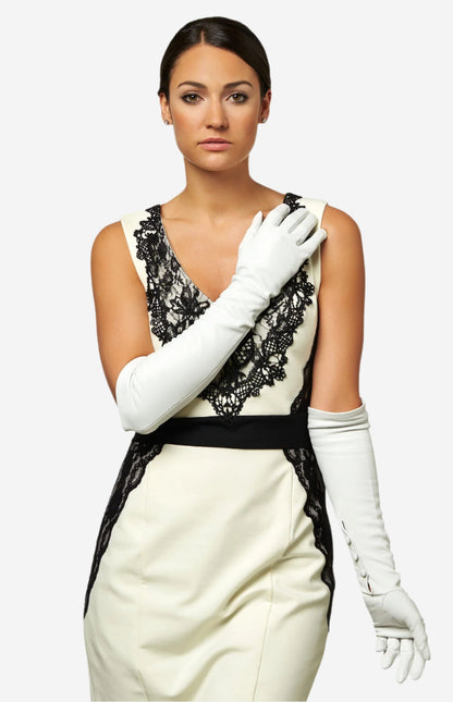 Angelina (ivory) - Italian silk lined 12-button length leather bridal / opera gloves — photo 1 of 10