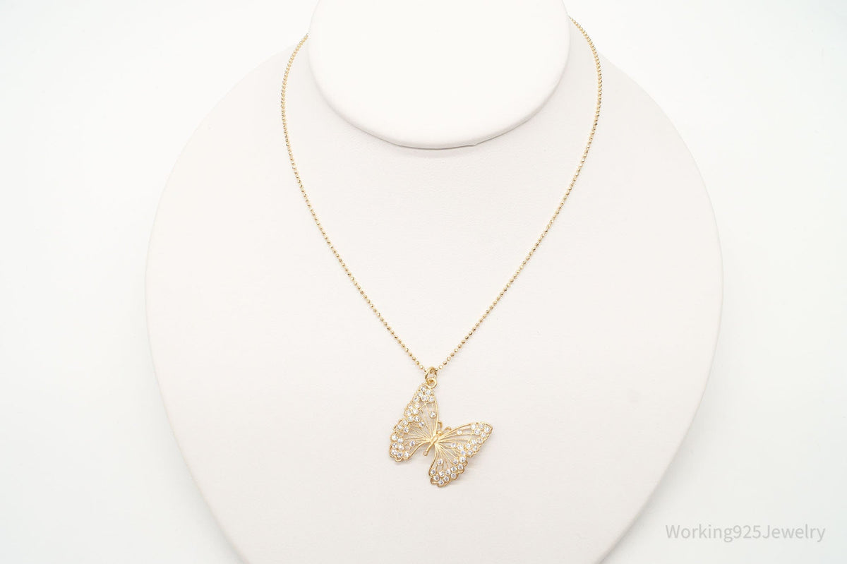 Large Vintage Butterfly Cubic Zirconia Gold Vermeil Sterling Silver Necklace