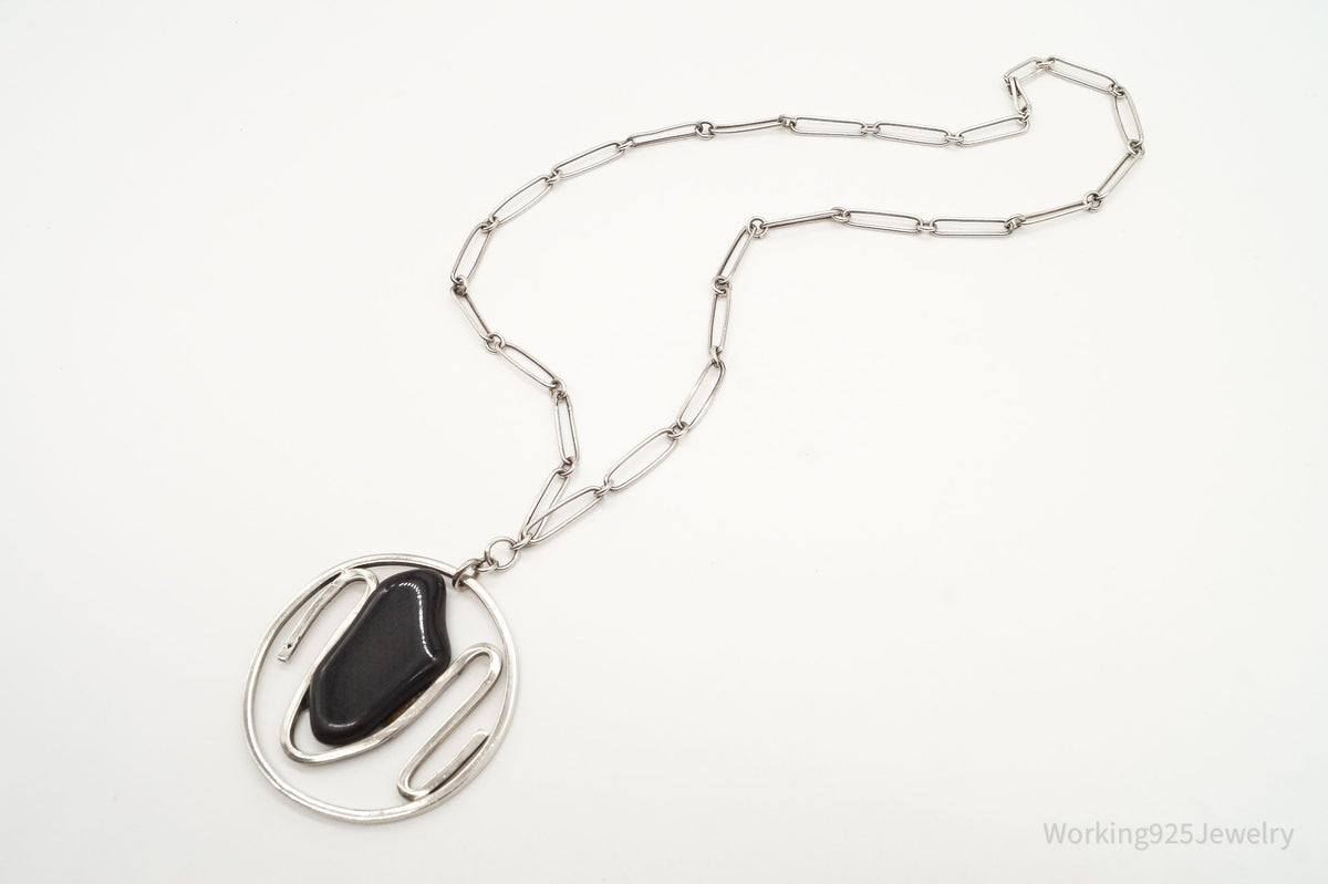 Vintage Black Onyx Modernist Silver Chain Necklace