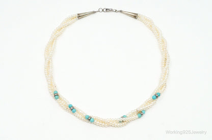 Vintage Native American Turquoise & Pearl Sterling Silver Bead Necklace