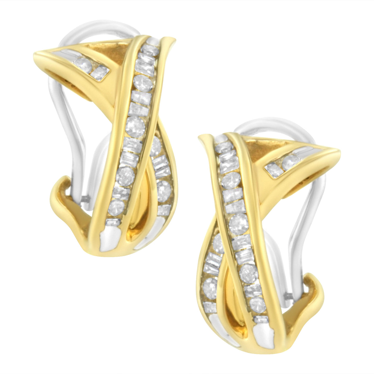 14K Yellow and White Gold 1/2 TDW "X" Shape Cross Over Diamond Hoop Earrings (I-J, I2-I3)