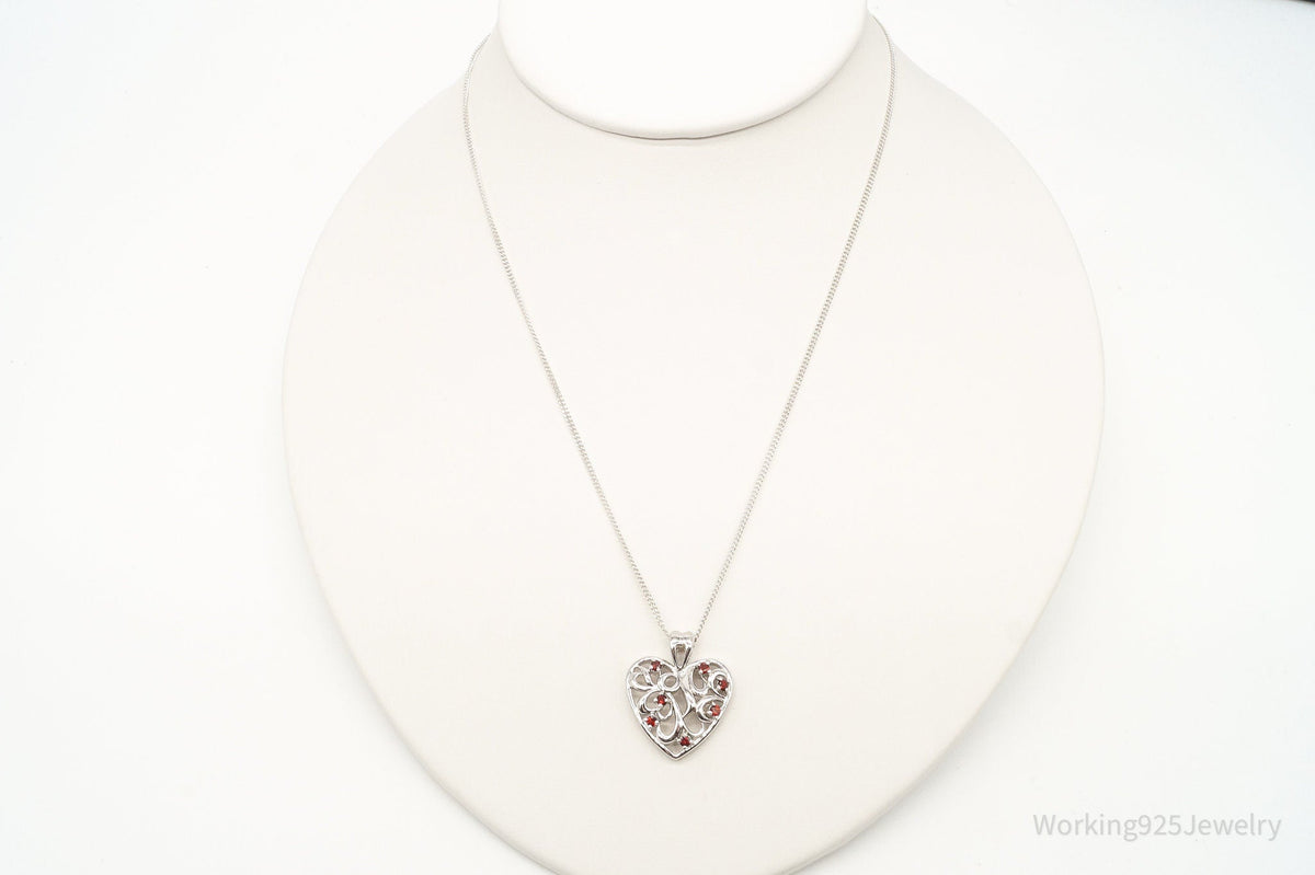 Vintage Garnet Heart Sterling Silver Necklace