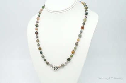 Vintage Multi Gem Agate Jasper Beads Sterling Silver Necklace