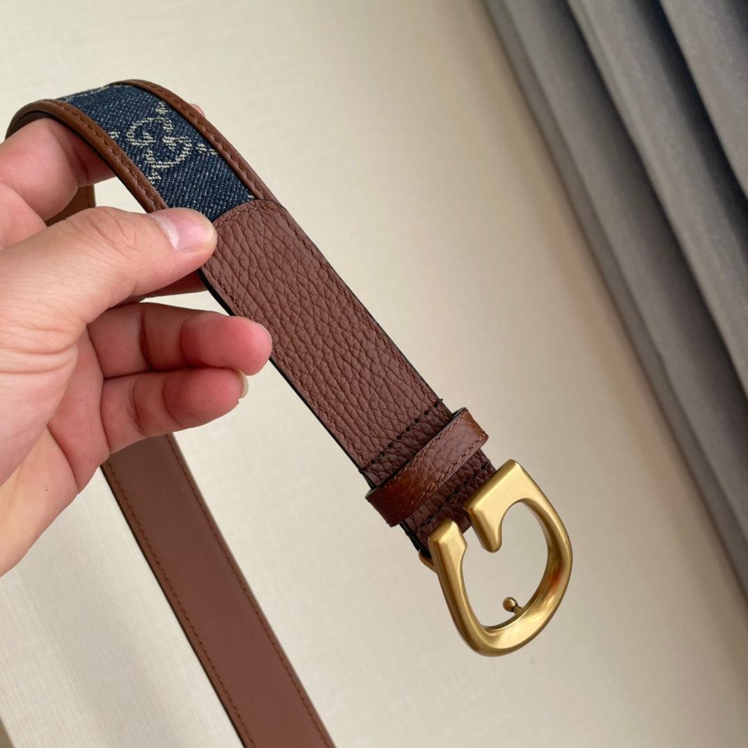 GUCCI Embellished coated-canvas and leather belt 'Brown/Blue'