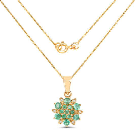 0.72 Carat Genuine Zambian Emerald and White Diamond 14K Yellow Gold Pendant