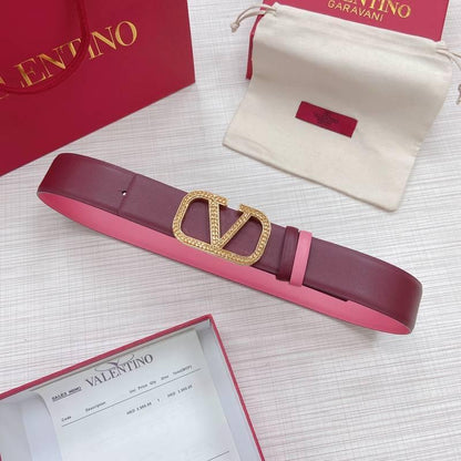 Valentino V logo Hammered Buckle Reversible Wide Signature Belt 'Red/Pink'