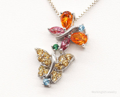 Vintage Multiple Gemstone Butterflies Sterling Silver Necklace