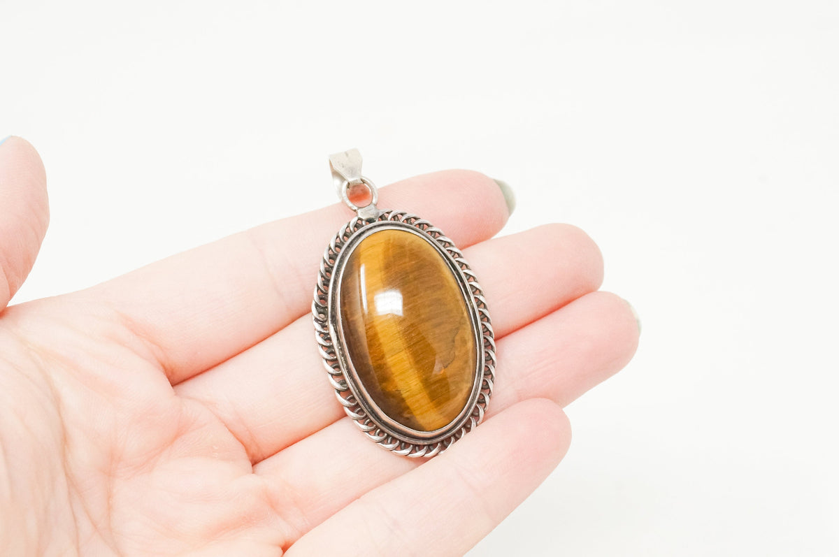 Vintage Large Southwestern Tigers Eye Sterling Silver Necklace Pendant
