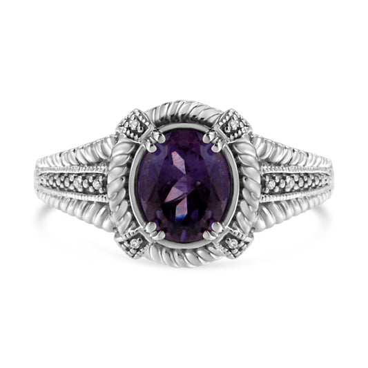 .925 Sterling Silver Prong Set Natural Oval Shape 9X7 MM Purple Amethyst Solitaire and Diamond Accent Ring (I-J Color, I1-I2 Clarity) - Ring Size 7 — photo 1 of 10