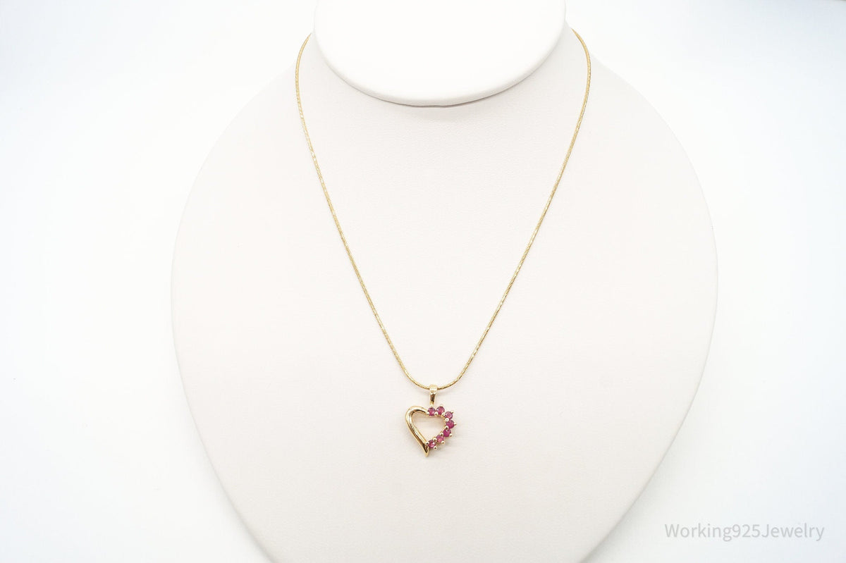Vintage Designer Ross Simons Ruby Heart Gold Vermeil Sterling Silver Necklace