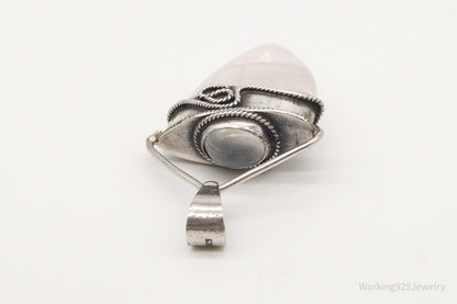 Vintage Large Rose Quartz White Moonstone Sterling Silver Pendant
