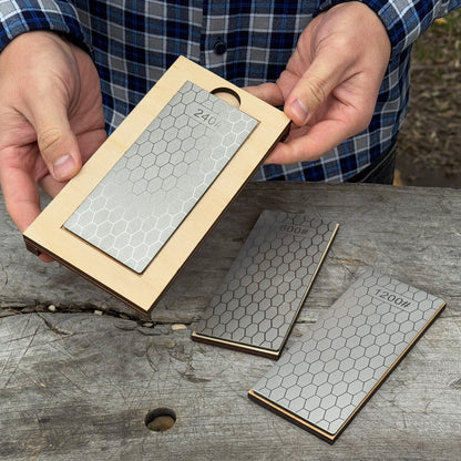 Diamond Sharpening Stone Set with Wooden Stand – 240 / 600 / 1200 Grit