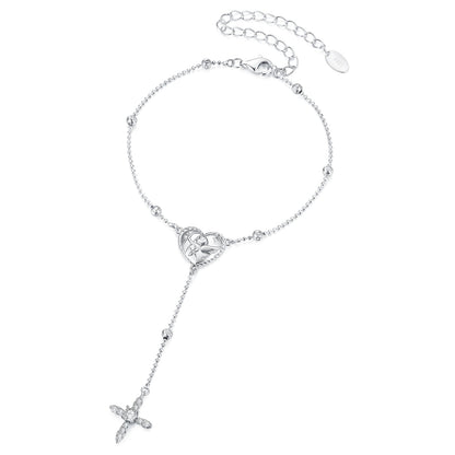 925 Sterling Silver White Gold Plated CZ Heart 15+6cm Bracelet for Women