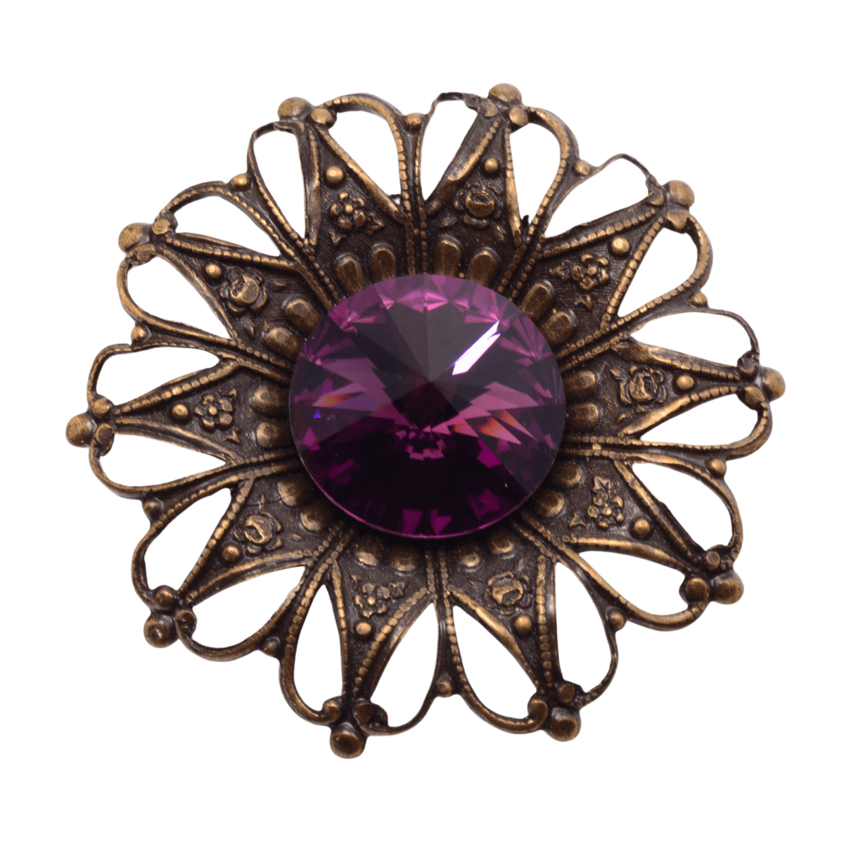 Vintage Style Ornate Brass Filigree Brooch with Purple Rhinestone - 37mm Floral Design