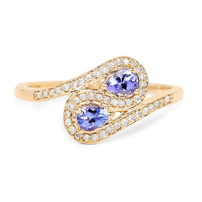0.42 Carat Genuine Tanzanite and White Diamond 14K Yellow Gold Ring
