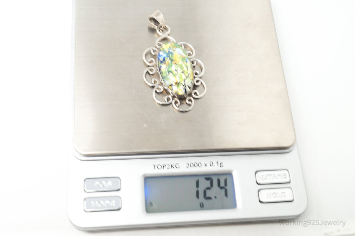 Vintage Large Mexico Dichroic Glass Flower Sterling Silver Necklace Pendant