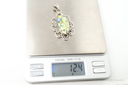 Vintage Large Mexico Dichroic Glass Flower Sterling Silver Necklace Pendant