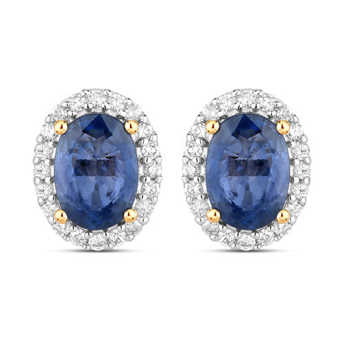 2.16 Carat Genuine Blue Sapphire and White Diamond 14K Yellow Gold Earrings