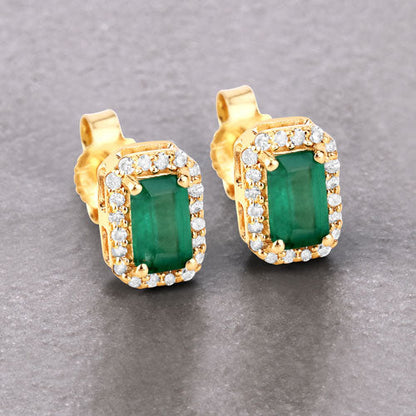 0.91 Carat Genuine Zambian Emerald and White Diamond 14K Yellow Gold Earrings