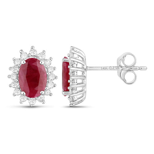 2.02 Carat Genuine Ruby and White Diamond 14K White Gold Earrings