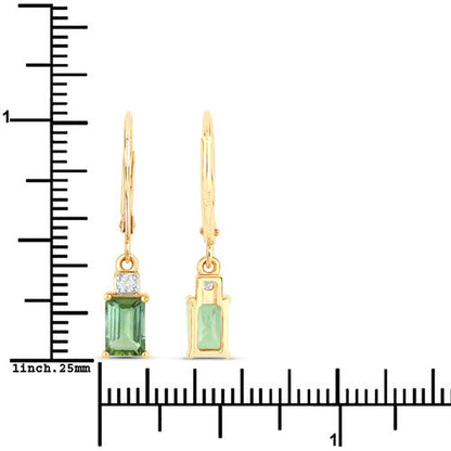 1.28 Carat Genuine Green Tourmaline and White Diamond 14K Yellow Gold Earrings