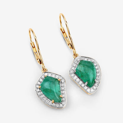 6.40 Carat Genuine Colombian Emerald and White Diamond 14K Yellow Gold Earrings