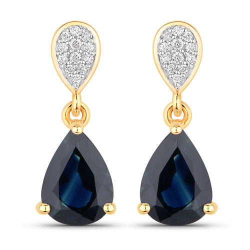 2.76 Carat Genuine Blue Sapphire and White Diamond 14K Yellow Gold Earrings