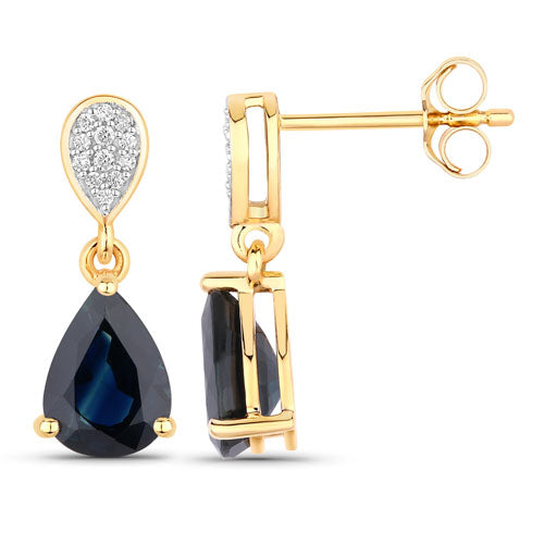 2.76 Carat Genuine Blue Sapphire and White Diamond 14K Yellow Gold Earrings