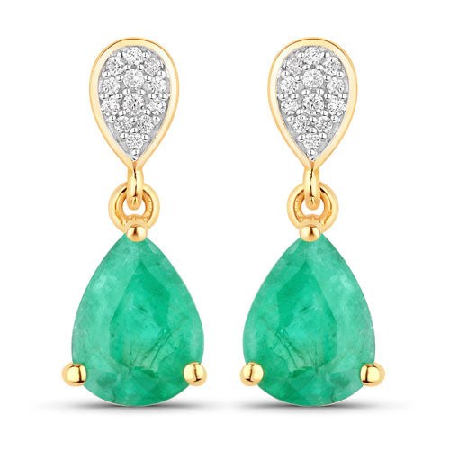 2.28 Carat Genuine Zambian Emerald and White Diamond 14K Yellow Gold Earrings