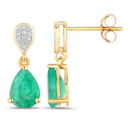 2.28 Carat Genuine Zambian Emerald and White Diamond 14K Yellow Gold Earrings