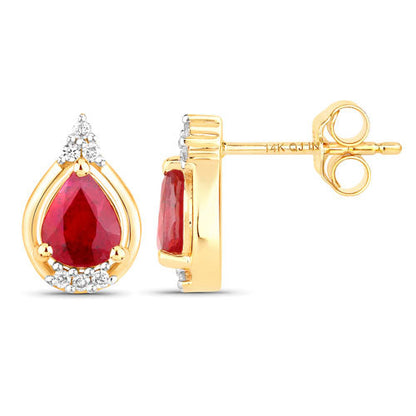1.36 Carat Genuine Ruby and White Diamond 14K Yellow Gold Earrings