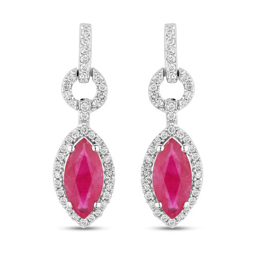 1.23 Carat Genuine Ruby and White Diamond 14K White Gold Earrings