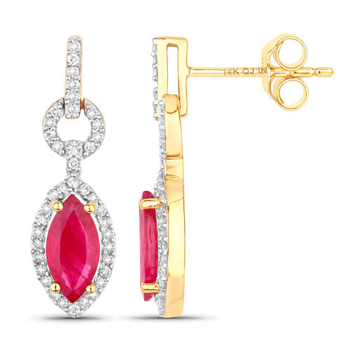 1.23 Carat Genuine Ruby and White Diamond 14K Yellow Gold Earrings