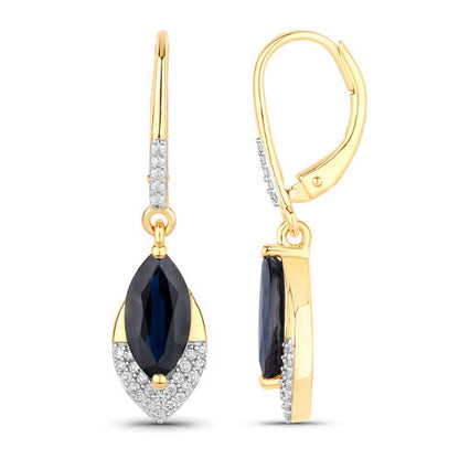 2.79 Carat Genuine Blue Sapphire and White Diamond 14K Yellow Gold Earrings