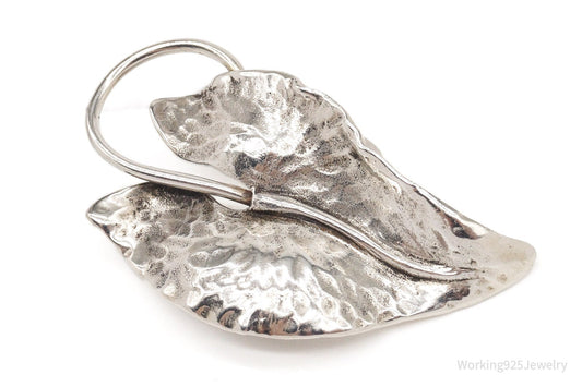 Large Antique Sterling Silver Leaf Pin Brooch
