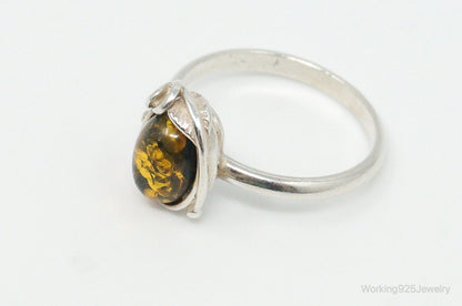 Vintage Yellow Amber Modern Sterling Silver Ring - Size 4.75