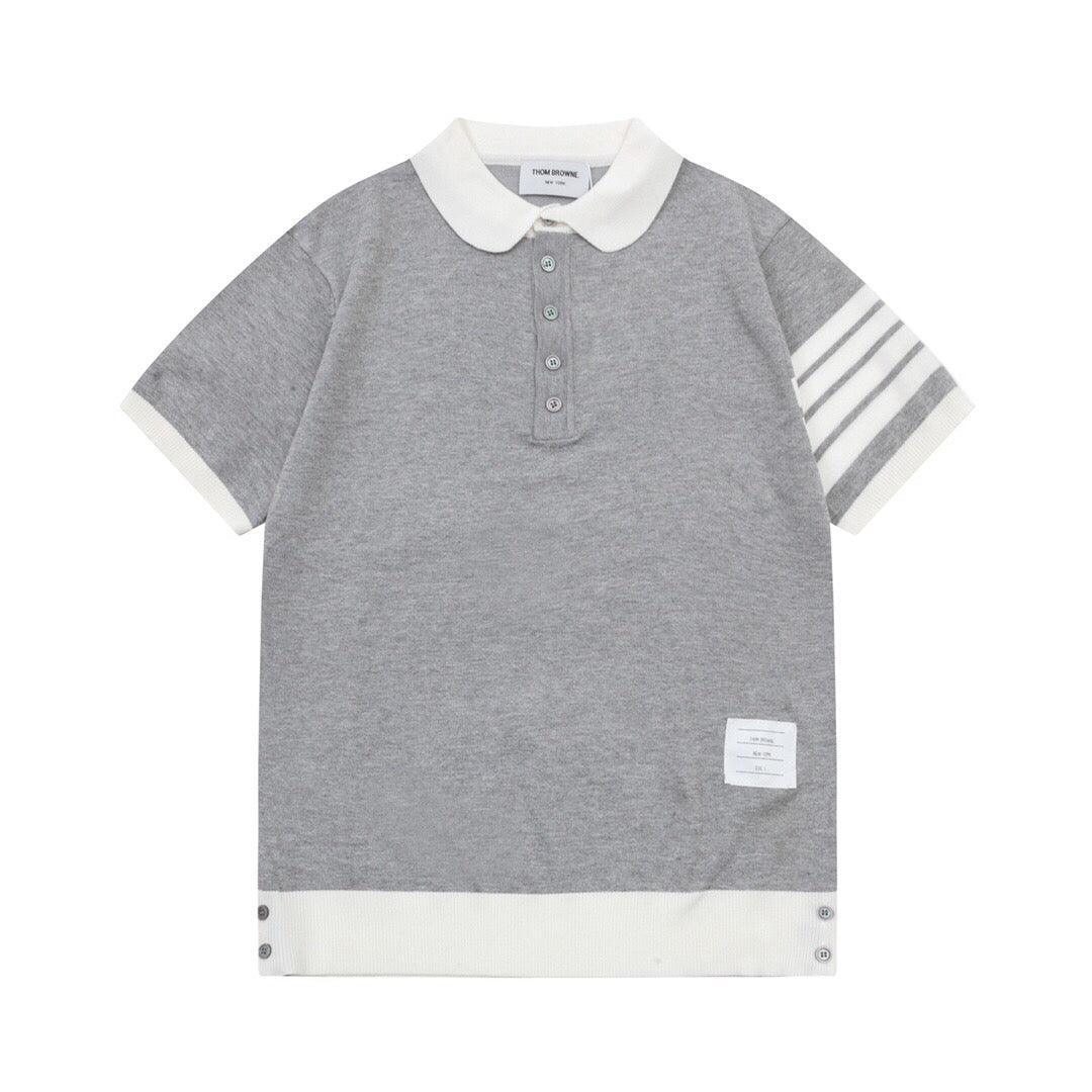 Thom Browne Grey & White T-Shirt with Collar