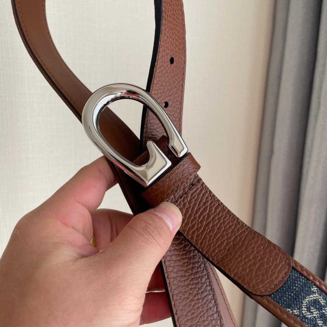 GUCCI Embellished coated-canvas and leather belt 'Brown/Blue'